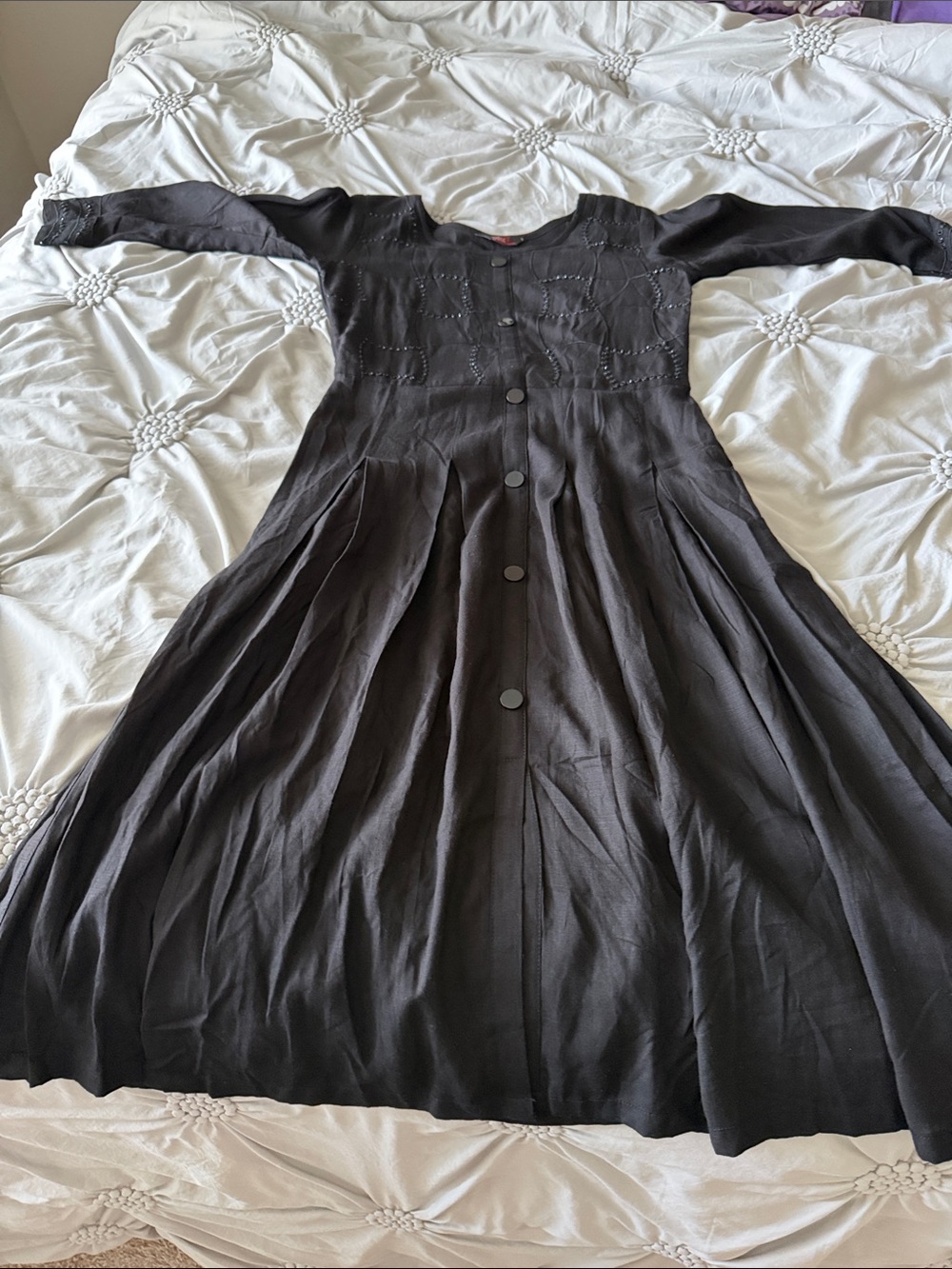 Purple Rain Black Long Sleeve Button-Front Midi Dress